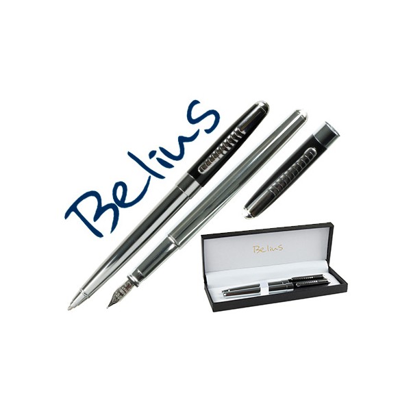 Juego de boligrafo y pluma belius andoya negro cromado con detalles en clip en estuche. Juego de boligrafo y pluma belius andoya negro cromado con detalles en clip en estuche.