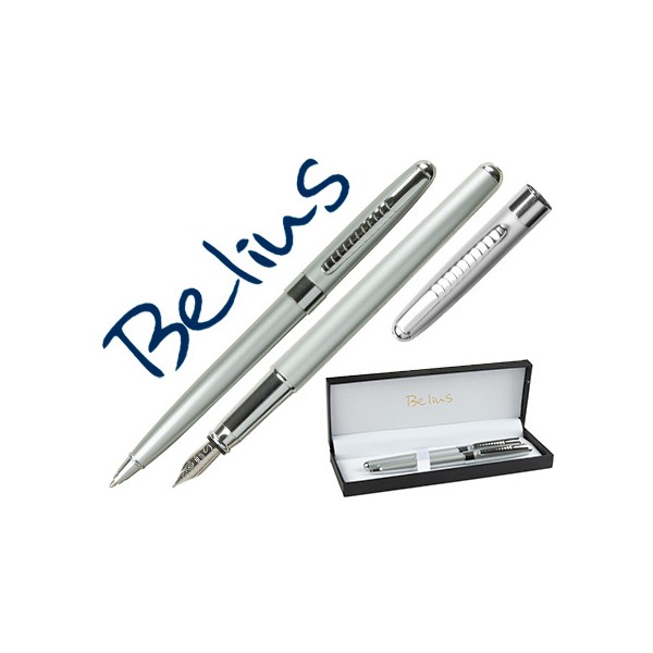 Juego de boligrafo y pluma belius andoya plata cromado con detalles en clip en estuche. Juego de boligrafo y pluma belius andoya plata cromado con detalles en clip en estuche.