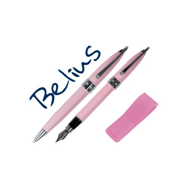 Juego de boligrafo y pluma belius brena rosa lacado con cristal en la anilla central en estuche. Juego de boligrafo y pluma belius brena rosa lacado con cristal en la anilla central en estuche.