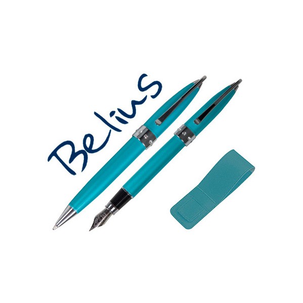 Juego de boligrafo y pluma belius brena turquesa lacado con cristal en la anilla central en estuche. Juego de boligrafo y pluma belius brena turquesa lacado con cristal en la anilla central en estuche.