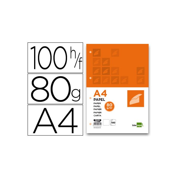 Papel liderpapel a4 80g/m2 paquete de 100 4 taladros blanco. Papel liderpapel a4 80g/m2 paquete de 100 4 taladros blanco.
