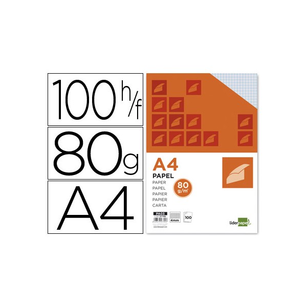 Papel liderpapel a4 80g/m2 paquete de 100 sin taladros cuadro 4mm. Papel liderpapel a4 80g/m2 paquete de 100 sin taladros cuadro 4mm.