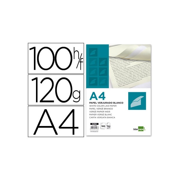 Papel verjurado liderpapel a4 120g/m2 blanco paquete de 100. Papel verjurado liderpapel a4 120g/m2 blanco paquete de 100.