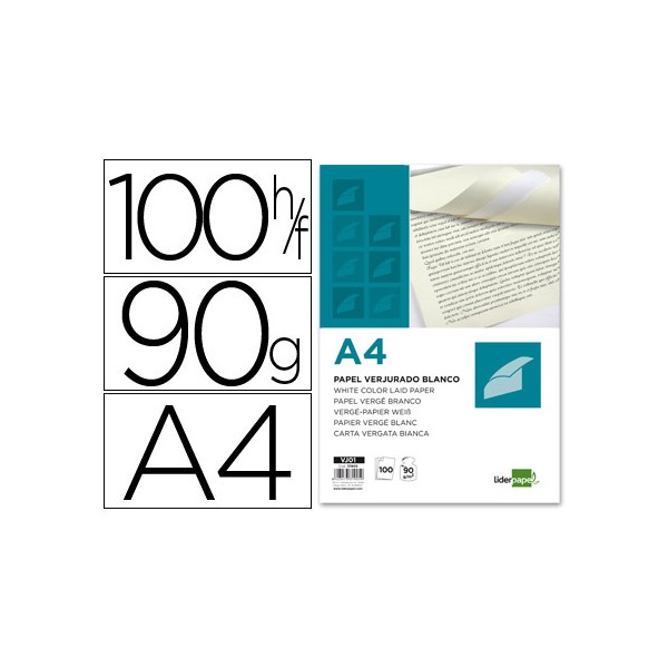 Papel verjurado liderpapel a4 90g/m2 blanco paquete de 100. Papel verjurado liderpapel a4 90g/m2 blanco paquete de 100.