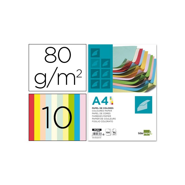 Papel color liderpapel a4 80g/m2 10 colores surtidos paquete de 100. Papel color liderpapel a4 80g/m2 10 colores surtidos paquete de 100.