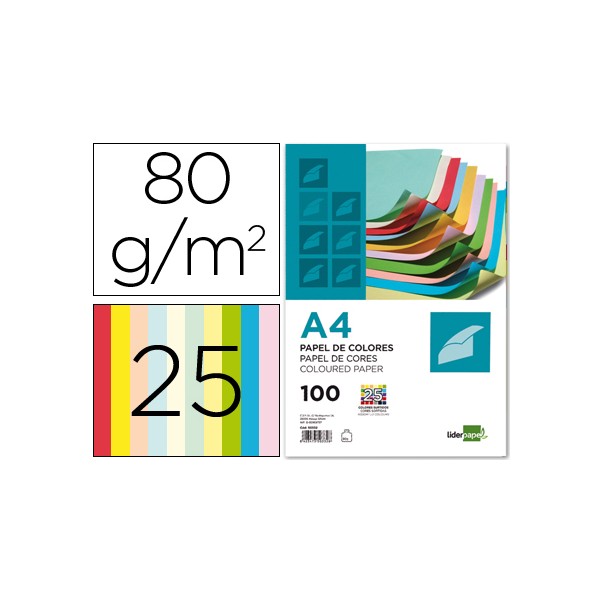 Papel color liderpapel a4 80g/m2 25 colores surtidos paquete de 100. Papel color liderpapel a4 80g/m2 25 colores surtidos paquete de 100.