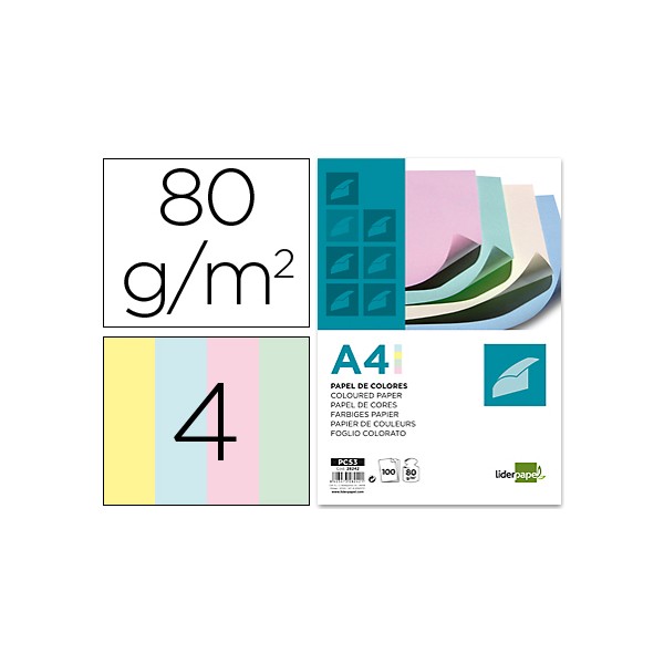 Papel color liderpapel a4 80g/m2 4 colores surtidos paquete de 100. Papel color liderpapel a4 80g/m2 4 colores surtidos paquete de 100.