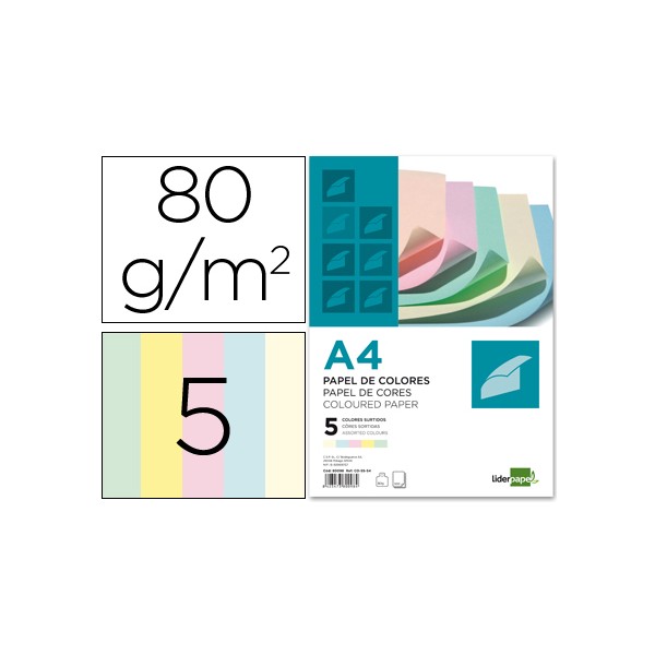Papel color liderpapel a4 80g/m2 5 colores surtidos paquete de 500. Papel color liderpapel a4 80g/m2 5 colores surtidos paquete de 500.