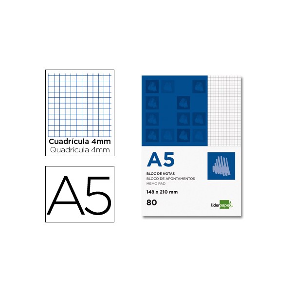 Bloc notas liderpapel cuadro 4mm a5 80 hojas 60g/m2 perforado. Bloc notas liderpapel cuadro 4mm a5 80 hojas 60g/m2 perforado.
