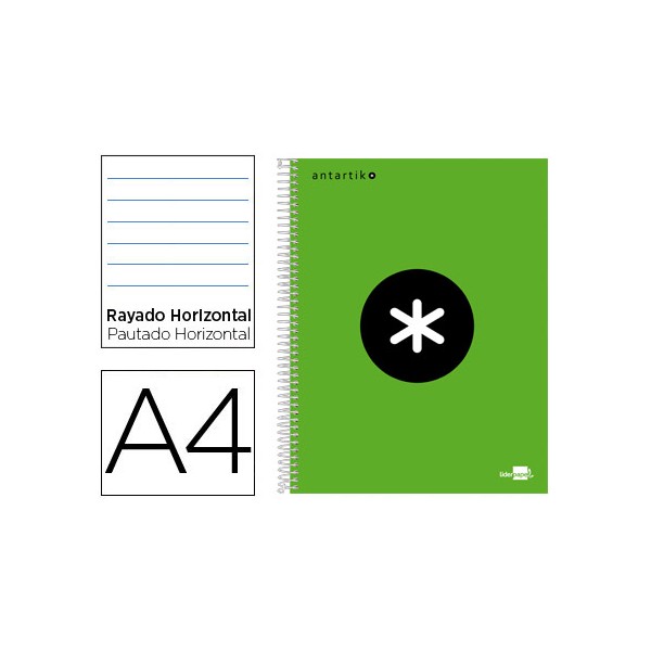 Cuaderno espiral liderpapel a4 micro antartik tapa forrada 120h 100 gr horizontal 5 bandas 4 taladros color verde. Cuaderno espiral liderpapel a4 micro antartik tapa forrada 120h 100 gr horizontal 5 bandas 4 taladros color verde.