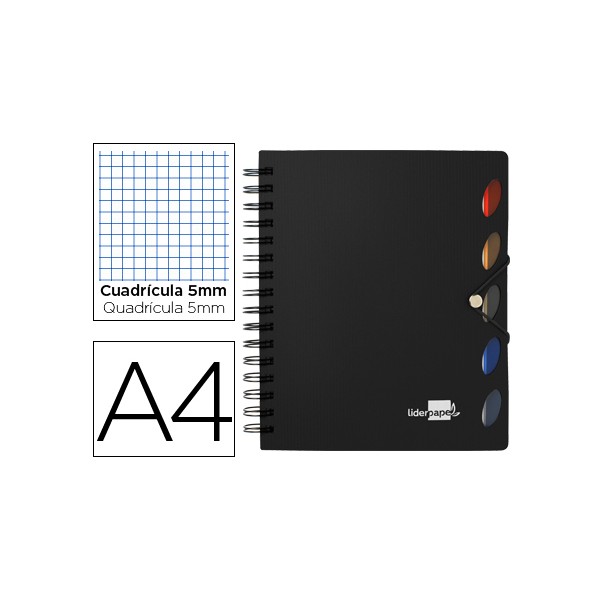 Cuaderno espiral liderpapel a4 micro executive tapa plastico 100h 80 gr cuadro 5mm 5 separadores con gomilla negro. Cuaderno espiral liderpapel a4 micro executive tapa plastico 100h 80 gr cuadro 5mm 5 separadores con gomilla negro.