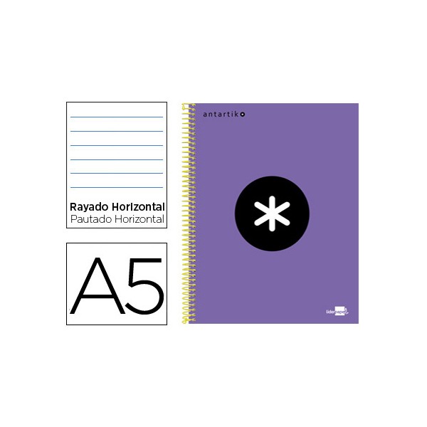 Cuaderno espiral liderpapel a5 micro antartik tapa forrada 120h 100 gr horizontal 5 bandas 6 taladros color violeta. Cuaderno espiral liderpapel a5 micro antartik tapa forrada 120h 100 gr horizontal 5 bandas 6 taladros color violeta.