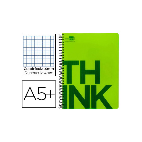 Cuaderno espiral liderpapel cuarto think tapa plastico 80h 80 gr cuadro 4mm con margen color verde. Cuaderno espiral liderpapel cuarto think tapa plastico 80h 80 gr cuadro 4mm con margen color verde.
