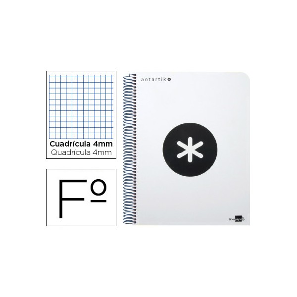 Cuaderno espiral liderpapel folio antartik tapa plastico 80h 100 gr cuadro 4mm con margen color blanco. Cuaderno espiral liderpapel folio antartik tapa plastico 80h 100 gr cuadro 4mm con margen color blanco.
