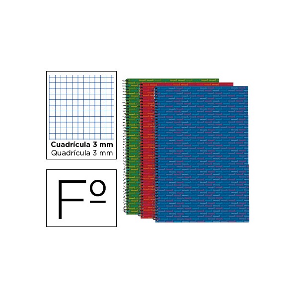 Cuaderno espiral liderpapel folio multilider tapa forrada 80h 80 gr cuadro 3mm con margen colores surtidos. Cuaderno espiral liderpapel folio multilider tapa forrada 80h 80 gr cuadro 3mm con margen colores surtidos.