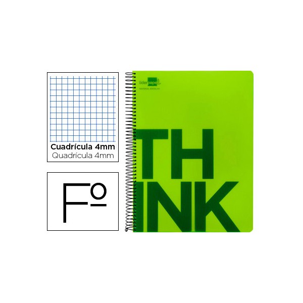 Cuaderno espiral liderpapel folio think tapa plastico 80h 80 gr cuadro 4mm con margen color verde. Cuaderno espiral liderpapel folio think tapa plastico 80h 80 gr cuadro 4mm con margen color verde.