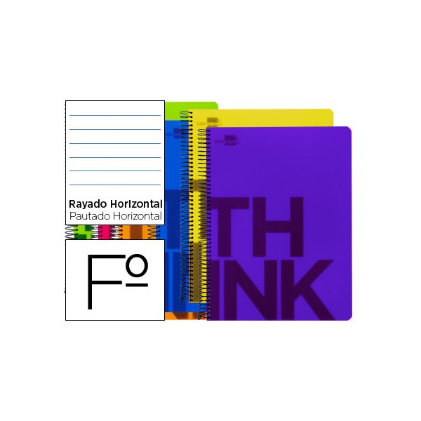 Cuaderno espiral liderpapel folio think tapa plastico 80h 80 gr horizontal con margen 6 colores surtidos. Cuaderno espiral liderpapel folio think tapa plastico 80h 80 gr horizontal con margen 6 colores surtidos.