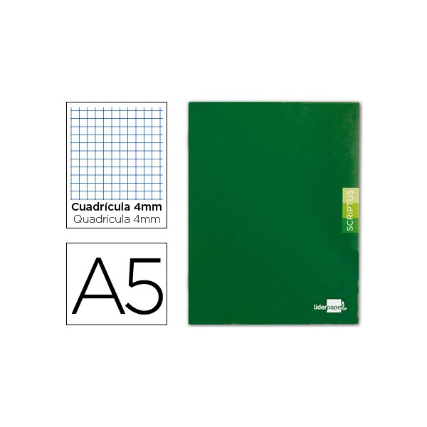 Libreta liderpapel scriptus a5 48 hojas 90g/m2 cuadro 4mm con margen color verde. Libreta liderpapel scriptus a5 48 hojas 90g/m2 cuadro 4mm con margen color verde.