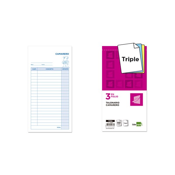 Talonario liderpapel camarero 3/fº original y 2 copias t314. Talonario liderpapel camarero 3/fº original y 2 copias t314.