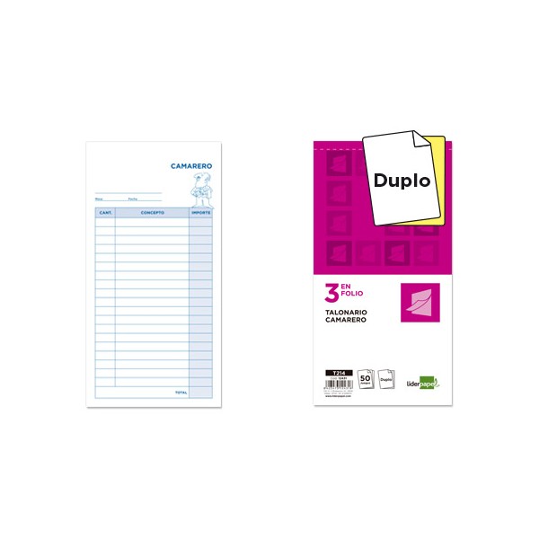 Talonario liderpapel camarero 3/fº original y copia t214. Talonario liderpapel camarero 3/fº original y copia t214.