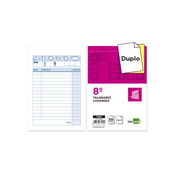 Talonario liderpapel camarero 8º original y copia t280. Talonario liderpapel camarero 8º original y copia t280.
