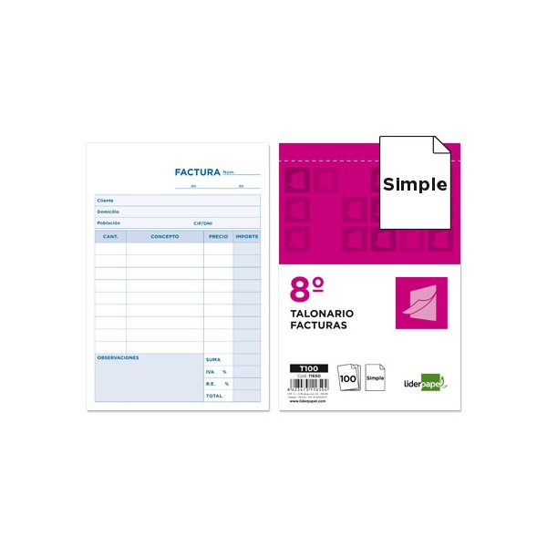 Talonario liderpapel facturas 8º original t100 con i.V.A.. Talonario liderpapel facturas 8º original t100 con i.V.A..