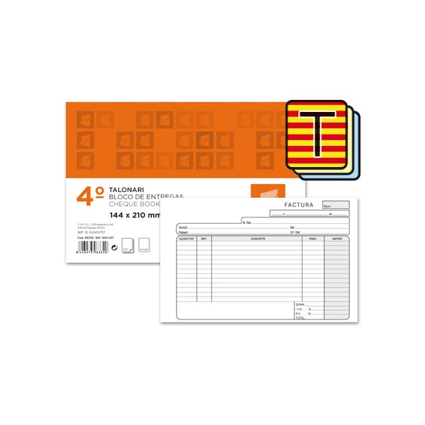 Talonario liderpapel facturas cuarto original y 2 copias t318 apaisado con i.V.A. Texto en catalan. Talonario liderpapel facturas cuarto original y 2 copias t318 apaisado con i.V.A. Texto en catalan.