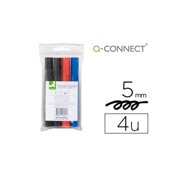 Rotulador q-connect marcador permanente estuche de 4 colores surtidos punta biselada 5.0 mm. Rotulador q-connect marcador permanente estuche de 4 colores surtidos punta biselada 5.0 mm.
