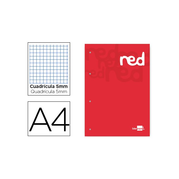 Bloc encolado liderpapel cuadro 5 mm rojo a4 natural 100 hojas 100 g/m2. Bloc encolado liderpapel cuadro 5 mm rojo a4 natural 100 hojas 100 g/m2.