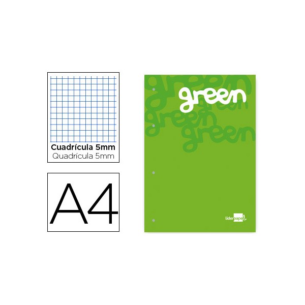 Bloc encolado liderpapel cuadro 5 mm verde a4 natural 100 hojas 100 g/m2. Bloc encolado liderpapel cuadro 5 mm verde a4 natural 100 hojas 100 g/m2.