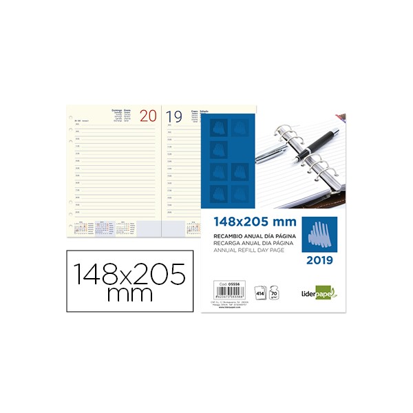 Recambio agenda anillas liderpapel 14,8x20,5 cm 2019 dia pagina. Recambio agenda anillas liderpapel 14,8x20,5 cm 2019 dia pagina.