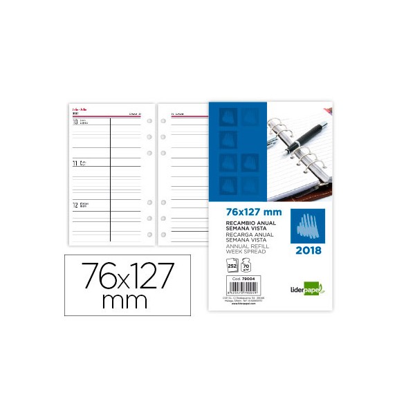 Recambio agenda anillas liderpapel año 2018 semana vista 76x127mm. Recambio agenda anillas liderpapel año 2018 semana vista 76x127mm.