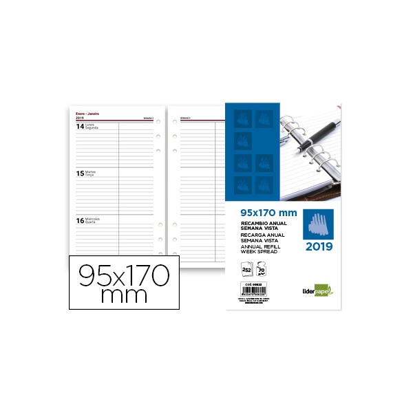 Recambio agenda anillas liderpapel año 2019 semana vista 95x170mm. Recambio agenda anillas liderpapel año 2019 semana vista 95x170mm.