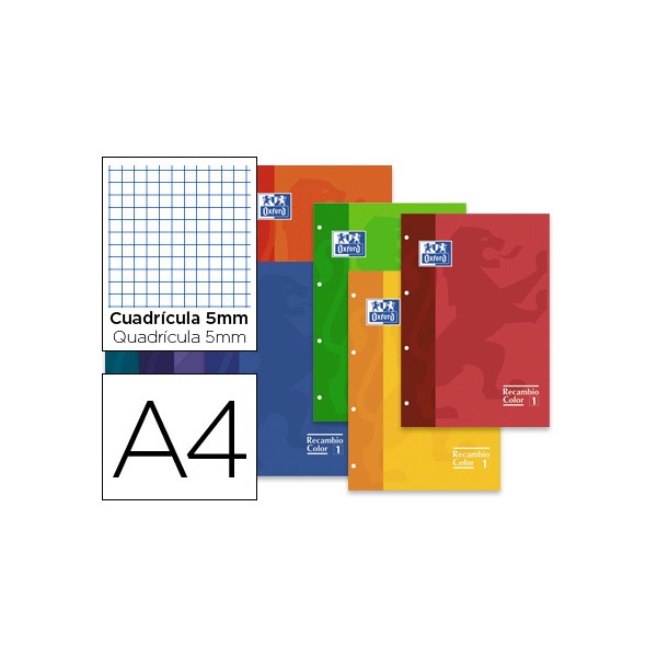 Recambio color oxford din a4 80 hojas 90 grs cuadros 5 mm 4 taladros colores surtidos paquete de 30. Recambio color oxford din a4 80 hojas 90 grs cuadros 5 mm 4 taladros colores surtidos paquete de 30.