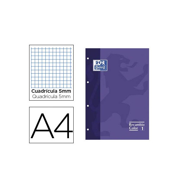Recambio color oxford din a4 80 hojas 90 grs cuadros 5 mm 4 taladros lila. Recambio color oxford din a4 80 hojas 90 grs cuadros 5 mm 4 taladros lila.