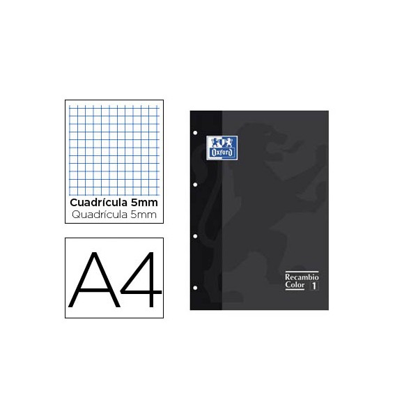 Recambio color oxford din a4 80 hojas 90 grs cuadros 5 mm 4 taladros negro. Recambio color oxford din a4 80 hojas 90 grs cuadros 5 mm 4 taladros negro.