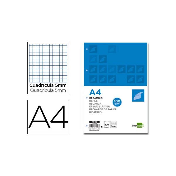 Recambio liderpapel a4 100 hojas 100 g/m2 cuadro 5 mm 4 taladros bandas de 5 colores. Recambio liderpapel a4 100 hojas 100 g/m2 cuadro 5 mm 4 taladros bandas de 5 colores.