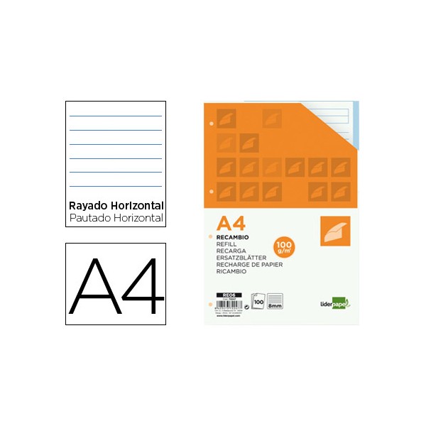 Recambio liderpapel a4 100 hojas 100 g/m2 rayado horizontal 4 taladros bandas de 5 colores. Recambio liderpapel a4 100 hojas 100 g/m2 rayado horizontal 4 taladros bandas de 5 colores.