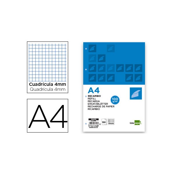 Recambio liderpapel a4 100 hojas 100g/m2 cuadro 4mm con margen 4 taladros. Recambio liderpapel a4 100 hojas 100g/m2 cuadro 4mm con margen 4 taladros.