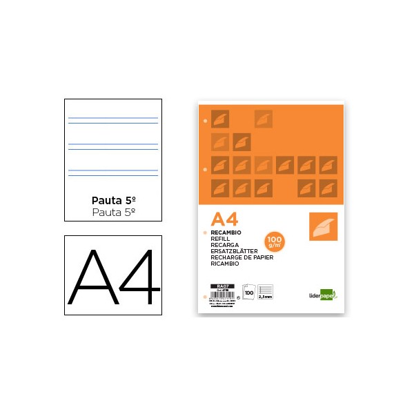 Recambio liderpapel a4 100 hojas 100g/m2 pauta 5ª 2.5mm con margen 4 taladros. Recambio liderpapel a4 100 hojas 100g/m2 pauta 5ª 2.5mm con margen 4 taladros.