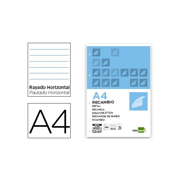 Recambio liderpapel a4 120 hojas 70g/m2 horizontal sin margen 4 taladros bandas de 5 colores. Recambio liderpapel a4 120 hojas 70g/m2 horizontal sin margen 4 taladros bandas de 5 colores.