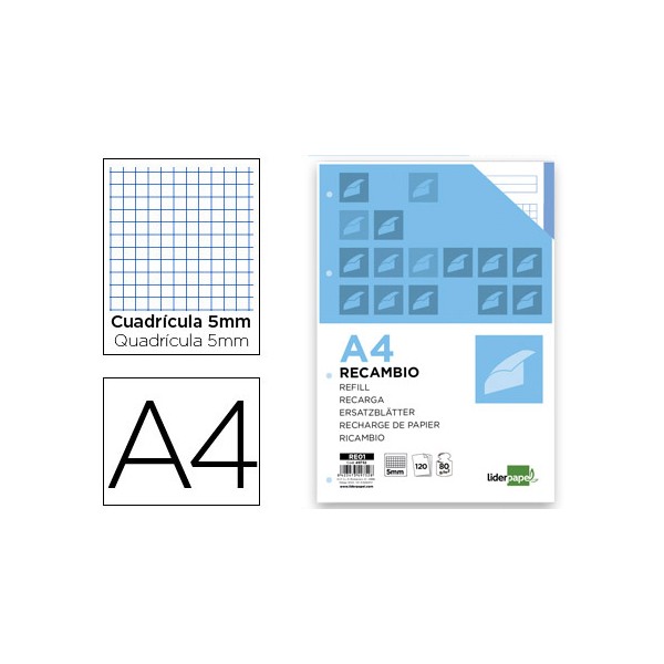 Recambio liderpapel a4 120 hojas 80g/m2 cuadro 5mm sin margen 4 taladros bandas de 5 colores. Recambio liderpapel a4 120 hojas 80g/m2 cuadro 5mm sin margen 4 taladros bandas de 5 colores.