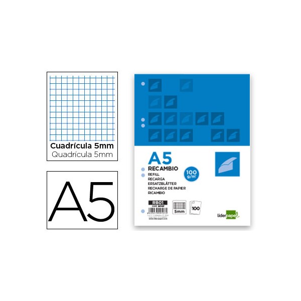 Recambio liderpapel a5 100 hojas 100g/m2 cuadro 5mm con margen 6 taladros. Recambio liderpapel a5 100 hojas 100g/m2 cuadro 5mm con margen 6 taladros.