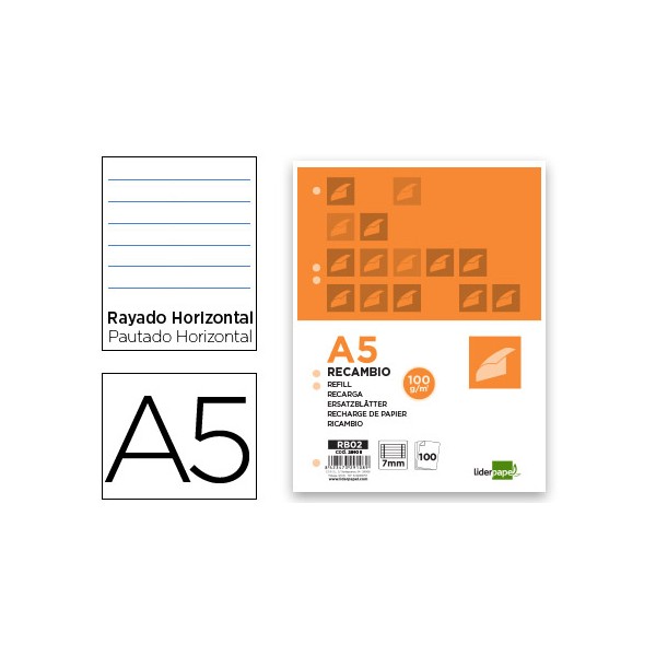 Recambio liderpapel a5 100 hojas 100g/m2 horizontal con margen 6 taladros. Recambio liderpapel a5 100 hojas 100g/m2 horizontal con margen 6 taladros.