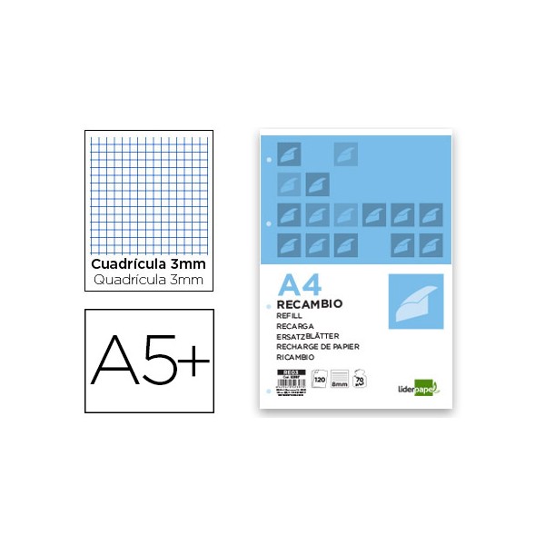 Recambio liderpapel cuarto 100 hojas 60g/m2 cuadro 3mm con margen 6 taladros. Recambio liderpapel cuarto 100 hojas 60g/m2 cuadro 3mm con margen 6 taladros.