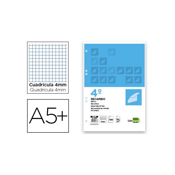 Recambio liderpapel cuarto 100 hojas 60g/m2 cuadro 4mm con margen 6 taladros. Recambio liderpapel cuarto 100 hojas 60g/m2 cuadro 4mm con margen 6 taladros.