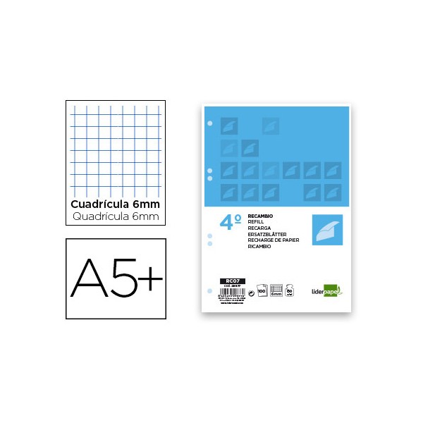 Recambio liderpapel cuarto 100 hojas 60g/m2 cuadro 6mm con margen 6 taladros. Recambio liderpapel cuarto 100 hojas 60g/m2 cuadro 6mm con margen 6 taladros.