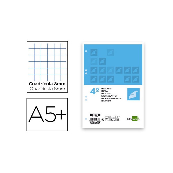 Recambio liderpapel cuarto 100 hojas 60g/m2 cuadro 8mm con margen 6 taladros. Recambio liderpapel cuarto 100 hojas 60g/m2 cuadro 8mm con margen 6 taladros.