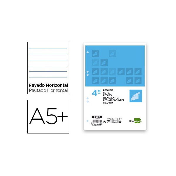 Recambio liderpapel cuarto 100 hojas 60g/m2 horizontal con margen 6 taladros. Recambio liderpapel cuarto 100 hojas 60g/m2 horizontal con margen 6 taladros.