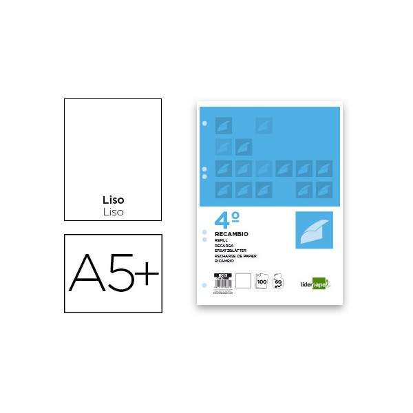 Recambio liderpapel cuarto 100 hojas 60g/m2 liso sin margen 6 taladros. Recambio liderpapel cuarto 100 hojas 60g/m2 liso sin margen 6 taladros.